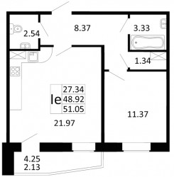 Двухкомнатная квартира (Евро) 51.05 м²