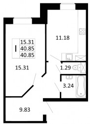 Однокомнатная квартира 40.85 м²