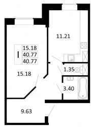 Однокомнатная квартира 40.77 м²