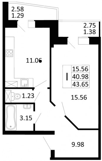 Однокомнатная квартира 43.65 м²